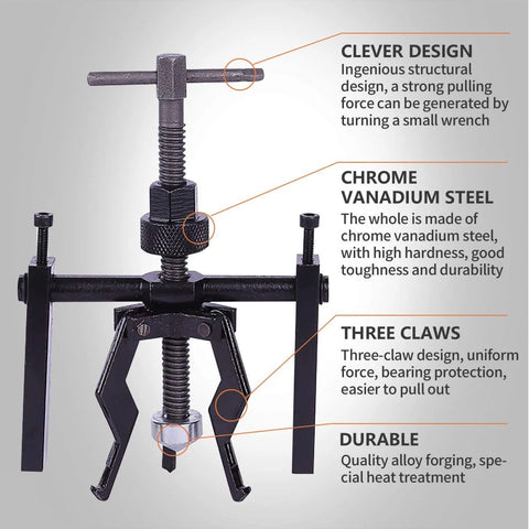 Three Jaw Inner Pilot Bearing Puller Beefy Heavy Duty Auto Bushing Carbon Steel Gear Extractor with labeled features.