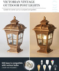 Antique Bronze Outdoor Post Light 2 Pack IP54 Weatherproof Post Lamps, vintage style lantern with E26 compatibility, unlit and lit view