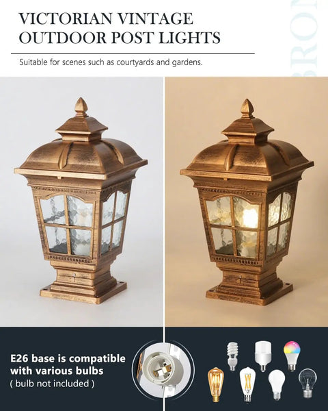 Antique Bronze Outdoor Post Light 2 Pack IP54 Weatherproof Post Lamps, vintage style lantern with E26 compatibility, unlit and lit view