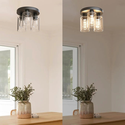 Modern Farmhouse 3 Light Flush Mount Ceiling Light Fixture With Clear Glass Shade In Dark Bronze Finish For Hallway Entryway Passway Bedroom Garage Kitchen Balcony Living Room shown on and off in living area