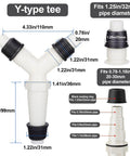 Heavy Duty Universal Drain Hose Fitting Tee With Three Secure Clamps For Washing Machine And Dishwasher showing dimensions and fittings