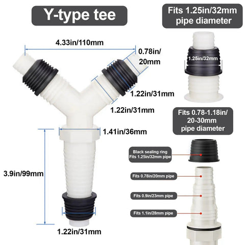 Heavy Duty Universal Drain Hose Fitting Tee With Three Secure Clamps For Washing Machine And Dishwasher showing dimensions and fittings