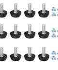 Heavy Duty 12 Pack Adjustable Furniture Levelers With M6 Thread Anti Wobble Feet, 12 black levelers with steel M6 threads for stability.