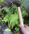 15 Inch Garden Rake With 5 Prong Steel Head And Solid Wood Handle for gardening in a fern-filled backyard setting.