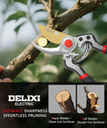Workhorse Heavy Duty Pruning Shears Bypass Garden Clippers trimming a branch, highlights SK5 steel Teflon coated blade performance.