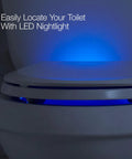 Rutledge Elongated No Slam Toilet Seat With Quiet Close Lid Grip Tight Bumpers and LED nightlight glowing in dark bathroom