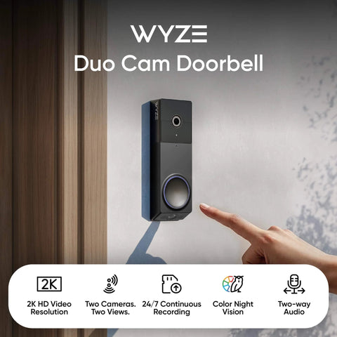 Wireless Duo Cam Video Doorbell With Chime Included, Battery Powered, 2K Full HD Video, Dual Cameras installed on wall