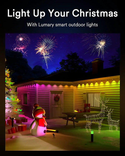 56Ft Smart Landscape Lights Waterproof 6 Pack Low Voltage RGBAIWW Color Changing Spotlight Outdoor Lights For Christmas Decorations illuminate a holiday scene with a snowman and reindeer.