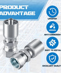 Hydraulic hose fittings, 3/8" JIC 37° female swivel crimp, 2-pack, silver metal.