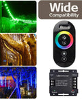 RGB LED Dimmer Switch With RF Wireless Control And Sliding Remote shown with vibrant outdoor lighting setup
