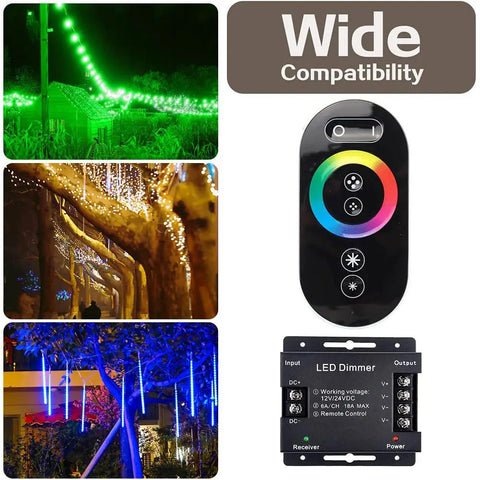 RGB LED Dimmer Switch With RF Wireless Control And Sliding Remote shown with vibrant outdoor lighting setup