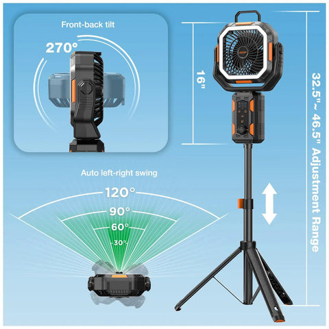 Portable Camping Fan With Adjustable Height Stand 20000mAh Rechargeable Battery Remote LED Light Auto Oscillation Fast Charging Floor Or Desk Fan For Tent RV Travel Gear showing tilt and swing angles.