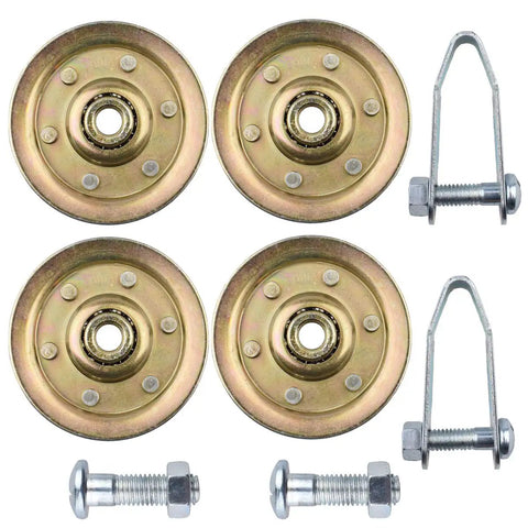 Heavy Duty Garage Door Pulley Kit With Three Inch Pulleys 3 By 8 Bore 200 Lb Load Rating Includes Two Stationary Pulleys And Two Rear Wheel Pulleys With Clevis Fork Plus Two Bolts And Serrated Flange Nuts