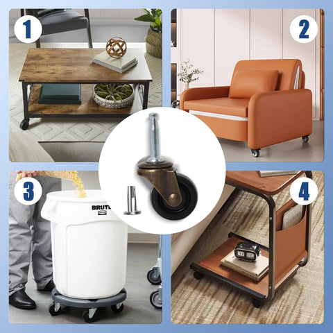 Antique Style Furniture Casters Set Of Four With One And Five Eighths Inch Stem And Three Quarter Inch Socket Replacement shown on various furniture pieces like chairs and tables, highlighting rubber wheels for smooth movement on hardwood floors.