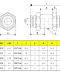 Technical diagram of Push To Connect Bulkhead Tube Fitting 3 Eighth Inch OD Stainless Steel Double Threaded with dimensions.