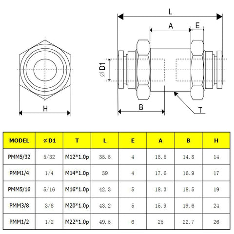 Technical diagram of Push To Connect Bulkhead Tube Fitting 3 Eighth Inch OD Stainless Steel Double Threaded with dimensions.