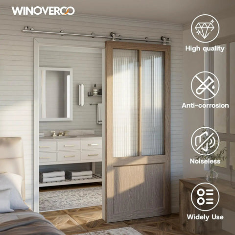 Heavy Duty Stainless Steel Top Mount Sliding Barn Door Hardware Kit For Single Door Up To 37 Inches Wide With A 6 Foot Track Quiet Smooth Ball Bearing Rollers Rust Resistant And Easy To Install Panel Not Included installed in a room