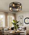 Caged Ceiling Fan With Lights 20 Inch Grain Black Finish Metal Cage 3 Blades Remote Control installed in cozy living room