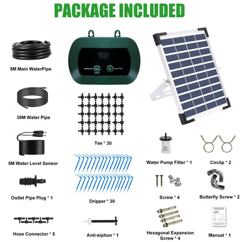 Package included in Solar Drip Irrigation System With Timer For Garden, Patio And Raised Beds, Auto Watering Kit For Greenhouses