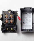 Front view of black air compressor pressure switch manifold with copper terminals, next to LEFOO pressure control unit (90-120 PSI).