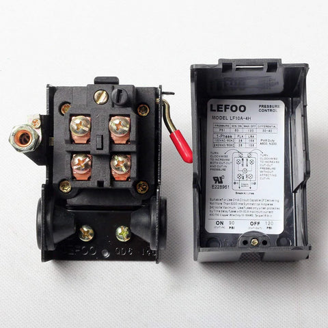 Front view of black air compressor pressure switch manifold with copper terminals, next to LEFOO pressure control unit (90-120 PSI).