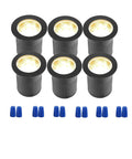 Set of 6 black aluminum LED lights with 5W in ground well light kit for landscape pathways low voltage 12-24V AC DC, with connectors.