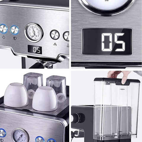 Make Every Shot Hit Different With This Professional 15 Bar Semi Automatic Espresso Machine Including A Sleek Milk Frother And Helpful Cup Warmer For Top Tier Home Brewing close-up of control panel with digital display and cup warmer.