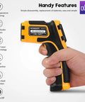 Person holding Infrared Non-Contact Thermometer With 12:1 Distance To Spot, Adjustable Emissivity, Fast Two Percent Accuracy In 0.5s