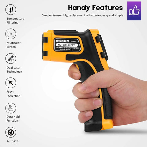 Person holding Infrared Non-Contact Thermometer With 12:1 Distance To Spot, Adjustable Emissivity, Fast Two Percent Accuracy In 0.5s