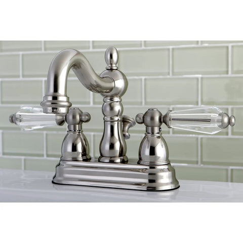 Four Inch Centerset Lavatory Faucet With Brass Pop Up Drain Brushed Nickel Finish Four Inch Spout Reach Drip Free Ceramic Disc Cartridge