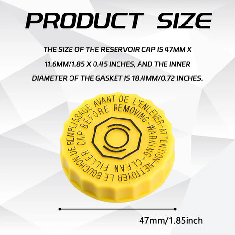 Brake Fluid Cap Replacement for Jeep Wrangler 2001-2017 Dodge Journey 2009-2020 Cherokee 2014-2020 Compass Master Cylinder Reservoir Cap OEM 4683656AB yellow cap with product size specifications in mm and inches