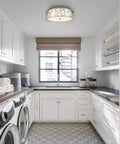 Close To Ceiling LED Flush Mount Light Fixture In Modern Brushed Nickel With Metal Frame And Acrylic Shade in laundry room