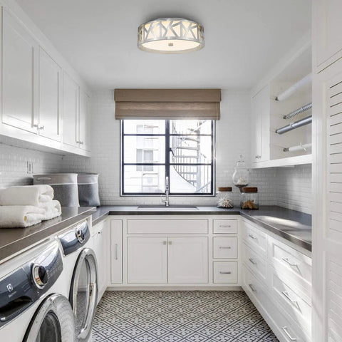 Close To Ceiling LED Flush Mount Light Fixture In Modern Brushed Nickel With Metal Frame And Acrylic Shade in laundry room