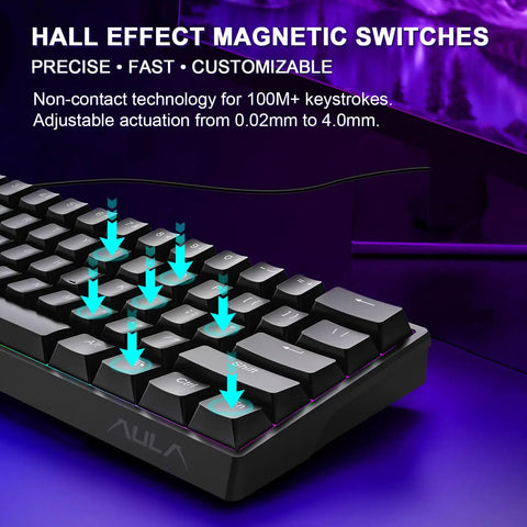 Slick Sixty Percent Wired Mechanical Keyboard Featuring Hall Effect Magnetic Switches zoomed in on keys with adjustable actuation.