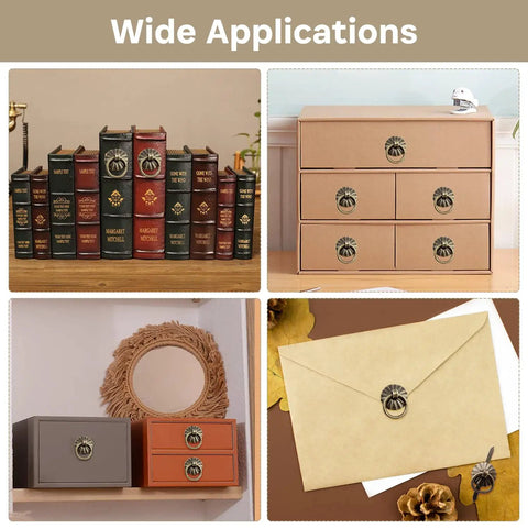 Mini Pull Ring Metal Brad Fasteners Set In Old School Bronze, lightweight vintage decorative hardware on books and boxes