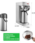 No-Fuss Auto-Filling Commercial Airpot Coffee Brewer 2.2L 74oz with stainless steel thermal carafe and coffee accessories shown