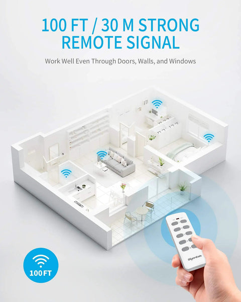 3D model of a house with Wi-Fi signals, hand holding remote for Expandable Wireless Outlet Switch Kit With Remote Controls, 5 Outlets And 2 Remotes, Up To 100 Feet Range, FCC Certified, ETL Listed, Ideal For Lamps, Fans, Heaters, Coffee Pots, And Holiday Decor.