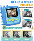 Kids Camera With Dinosaur Silicone Case 1080P Toddler Digital Camera For Boys And Girls Ages 3 To 8 With Instant Photo Printing And 3 Roll Print Paper Blue Fun Toy, front view