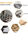 Heavy Duty 5 Piece Titanium Coated Step Drill Bit Set for Wood Plastic Aluminum with High Speed Steel Bits shown with usage on various materials