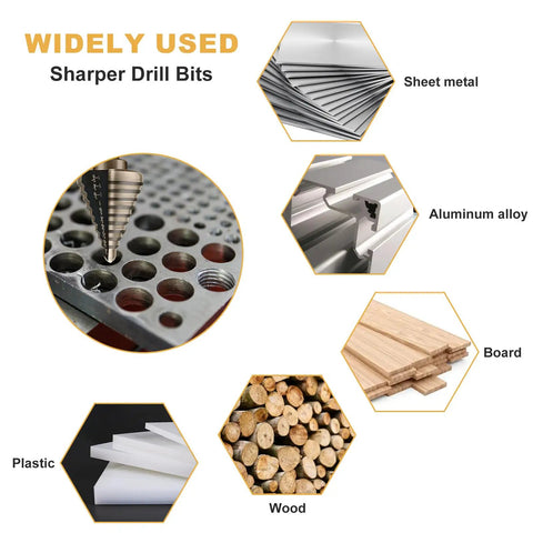 Heavy Duty 5 Piece Titanium Coated Step Drill Bit Set for Wood Plastic Aluminum with High Speed Steel Bits shown with usage on various materials