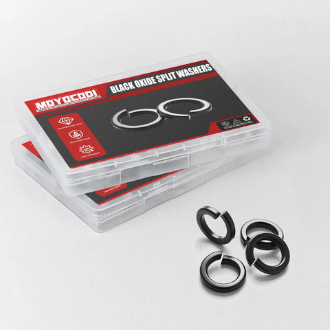 Three Eighths Inch Split Lock Washer Set, 50 Pack, Black Oxide 304 Stainless Steel Spring Lock Washers, packaging and washers