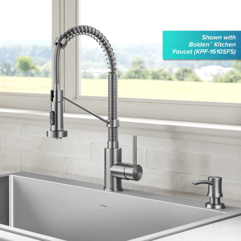 Multi Purpose Kitchen Soap And Lotion Dispenser In Spot Free Stainless Steel With A 17 Oz Capacity And Durable Brass Pump beside faucet