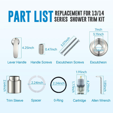 Delta Classic 13/14 shower trim kit components: lever handle, escutcheon, cartridge, O-ring, screws, spacer, sleeve, wrench.