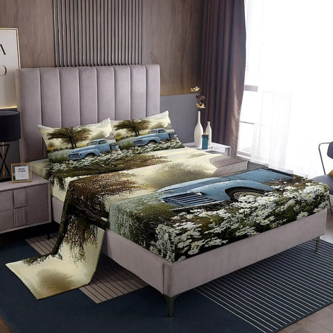 Farmhouse Queen Size Bed Sheets Set With Floral White Flowers And Blue Car Print, displayed on a bed in a cozy bedroom setting.