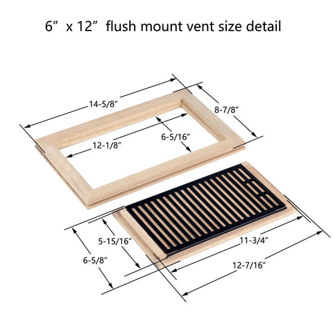 White Oak Floor Register 6x12 In Flush Mount Vent With Damper Unfinished Hardwood Floor HVAC Vent Cover For 3/4 In Thick Floors size diagram