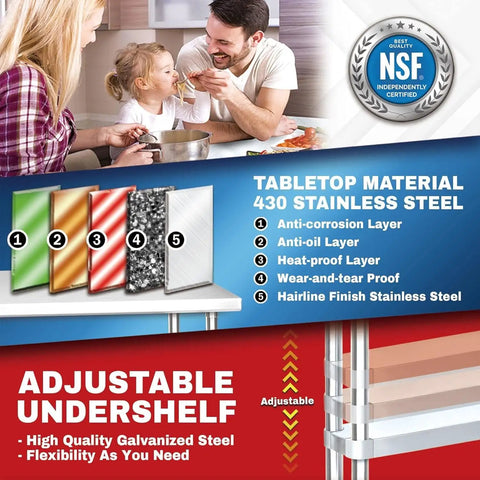 Family in kitchen with Heavy Duty 30 By 12 Stainless Steel Prep Table With Under Shelf And Rolling Storage Cart NSF Certified.