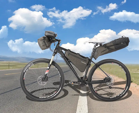 Waterproof Handlebar Bag Set for Bikepacking on MTB, two dry packs with 600D nylon and TPU, front storage for clothes and gear.