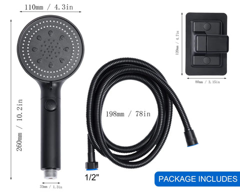 High Pressure Handheld Shower Head With 5 Settings, 78 Inch Leakproof Stainless Steel Hose, Matte Black Finish, Package Includes