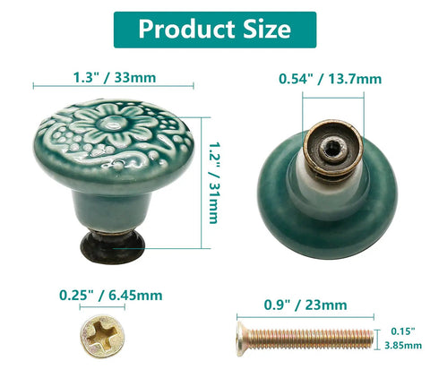 Slick Green Ceramic Cabinet Knobs 12 Piece Set Delivering Boss Level Retro Style And Smooth Grip Handles With Complete Mounting Kit For Pretty Damn Sweet Furniture Refresh, size details 1.3" diameter, 1.2" tall.