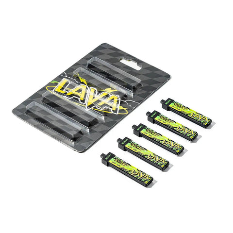 Packaging and five Lava II 1S 280mAh 95C LiHV Battery With BT20 Connector batteries for tiny whoop drones like Cetus Meteor65 Pro